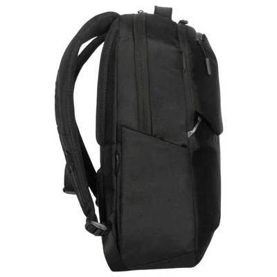 A black rucksack with multiple compartments and zips, ideal for carrying a laptop and office supplies.