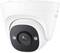 A white security camera with a black lens surface, designed for surveillance, mounted on a ceiling.