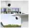 Two surveillance cameras are mounted on a ceiling and an outside corner, providing indoor and outdoor security monitoring views.