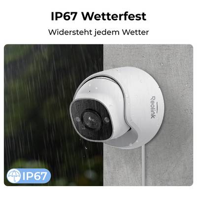 Security camera mounted on a wall with raindrops, labeled 'IP67 Wetterfest', highlighting its weather resistance.
