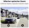 Street view showing houses with inserted images comparing the clarity of a car with 16x and 1x optical zoom. Text reads '16facher optischer Zoom. Entfernte Objekte unglaublich deutlich zeigen'.