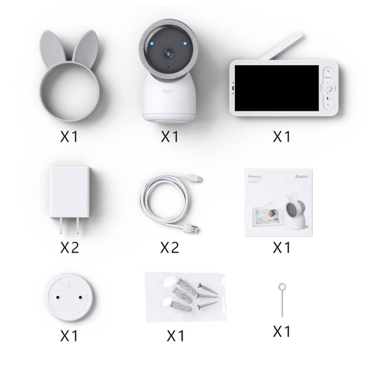 The image shows the contents of a camera kit: camera with base, bunny ear attachment, screen, power supply, cable, instruction manual, mounting accessories.