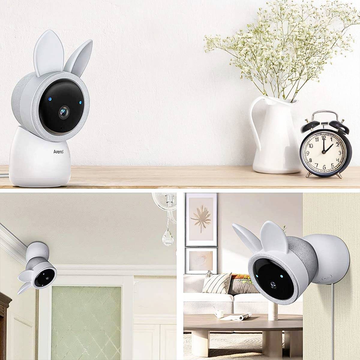 Security camera with bunny ears sitting on a table beside a vase and clock, cameras below in living spaces, safety for children's bedrooms.