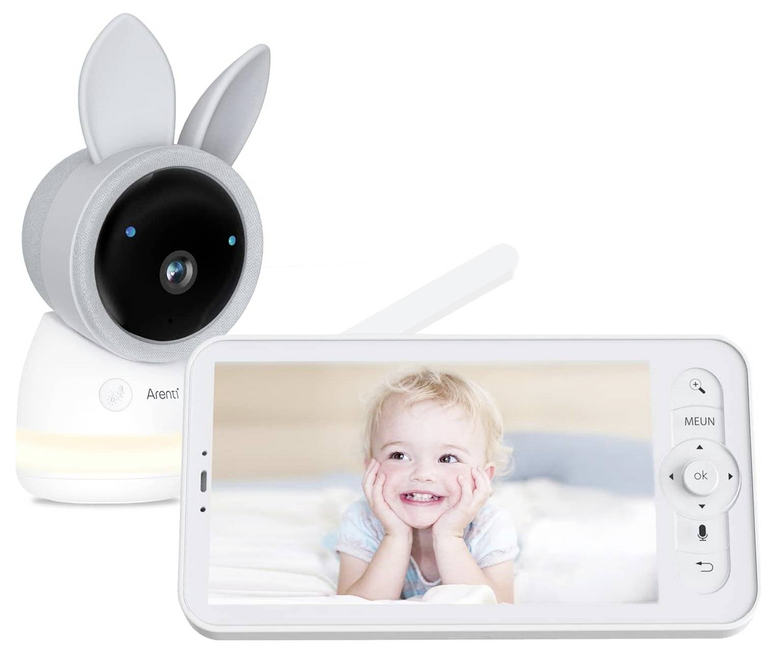 A baby monitor with a camera in a bunny ears design, next to a monitor displaying a smiling toddler.