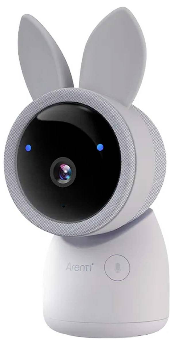 A surveillance camera designed with grey rabbit ears and a black, glossy front panel mounted on a white base.