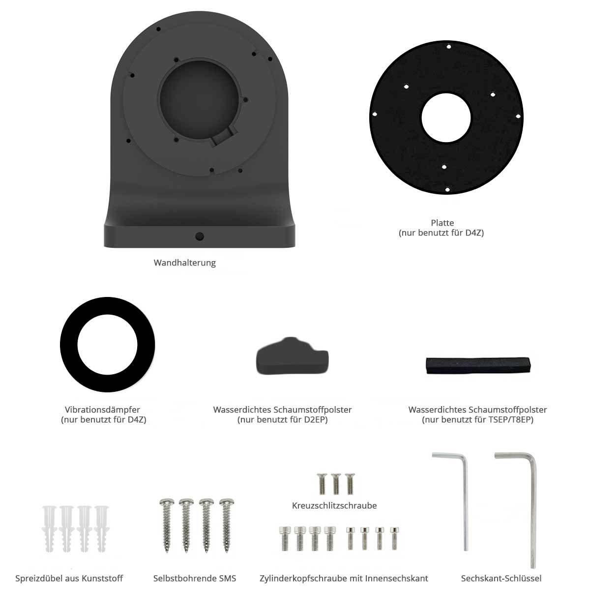Wall mounting bracket with accessories: Plate, vibration dampers, foam padding, screws and key.