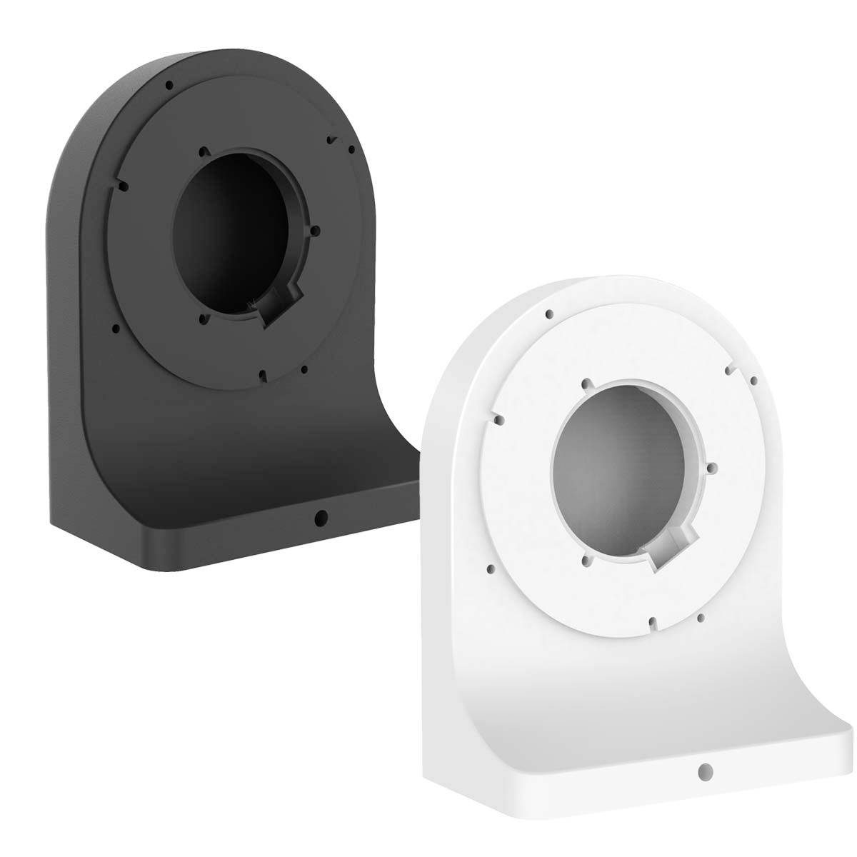 Two mounting brackets, one black and one white, each with round openings in the centre, stand side by side.