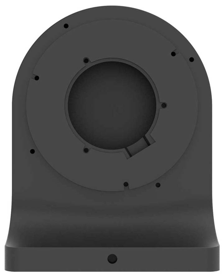 A black, modern camera or device mounting housing with a central vertical aperture and multiple mounting points.