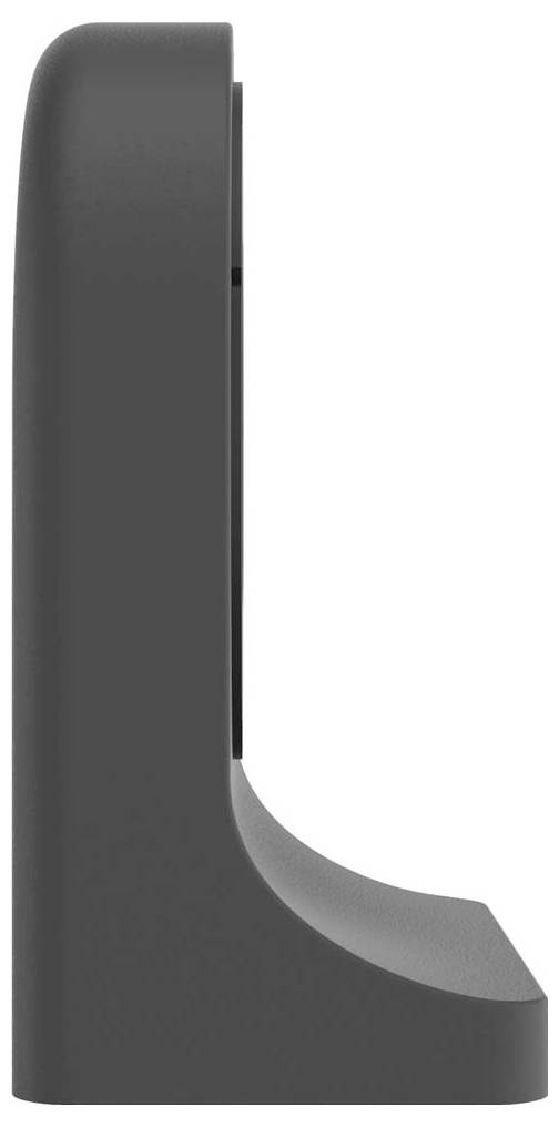 Side view of a modern, grey electronic device with rounded edges and a stand base.