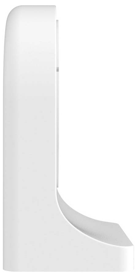 A white, side-photographed, rounded electronic device holder.