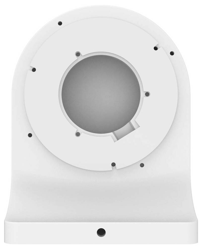 White wall mount for device, circular opening in the centre, mounting holes visible.