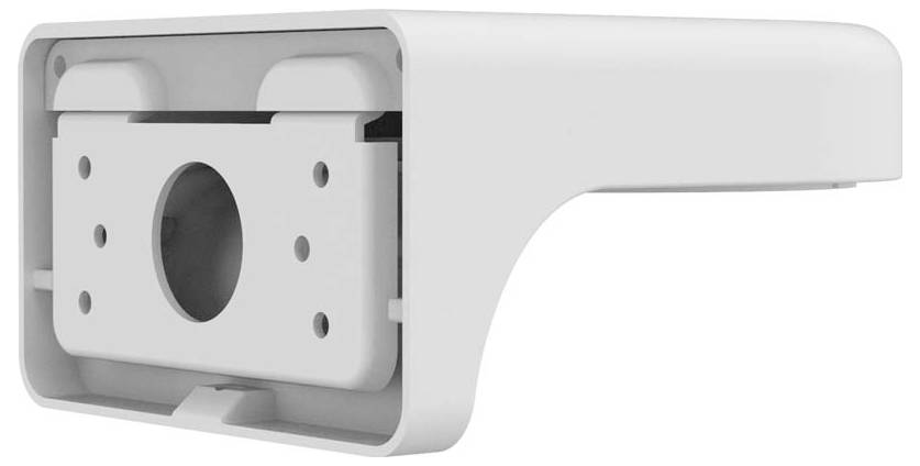 White camera mounting bracket with a rectangular shape and central hole, designed for secure mounting of security cameras on ceilings or walls.