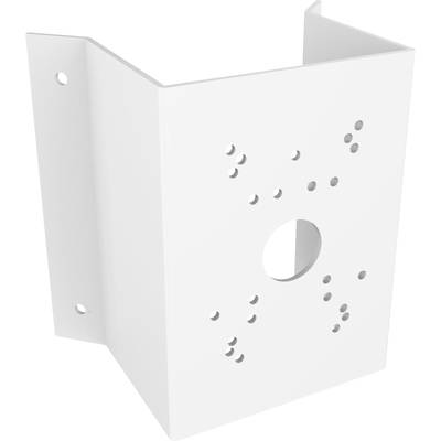 White rectangular metal mounting bracket with multiple holes for securing devices, used in wall installations.