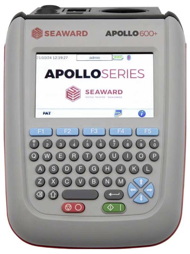 A portable electrical testing device with a keypad and display showing 'APOLLO SERIES'. Marked with a date and username.