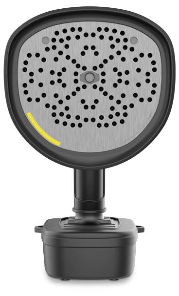 A black, square microphone with numerous holes on the front, mounted on a black stand.
