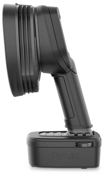 Handheld black thermal imaging camera viewed from the side, showing the ergonomic grip design and round sensor unit on top.