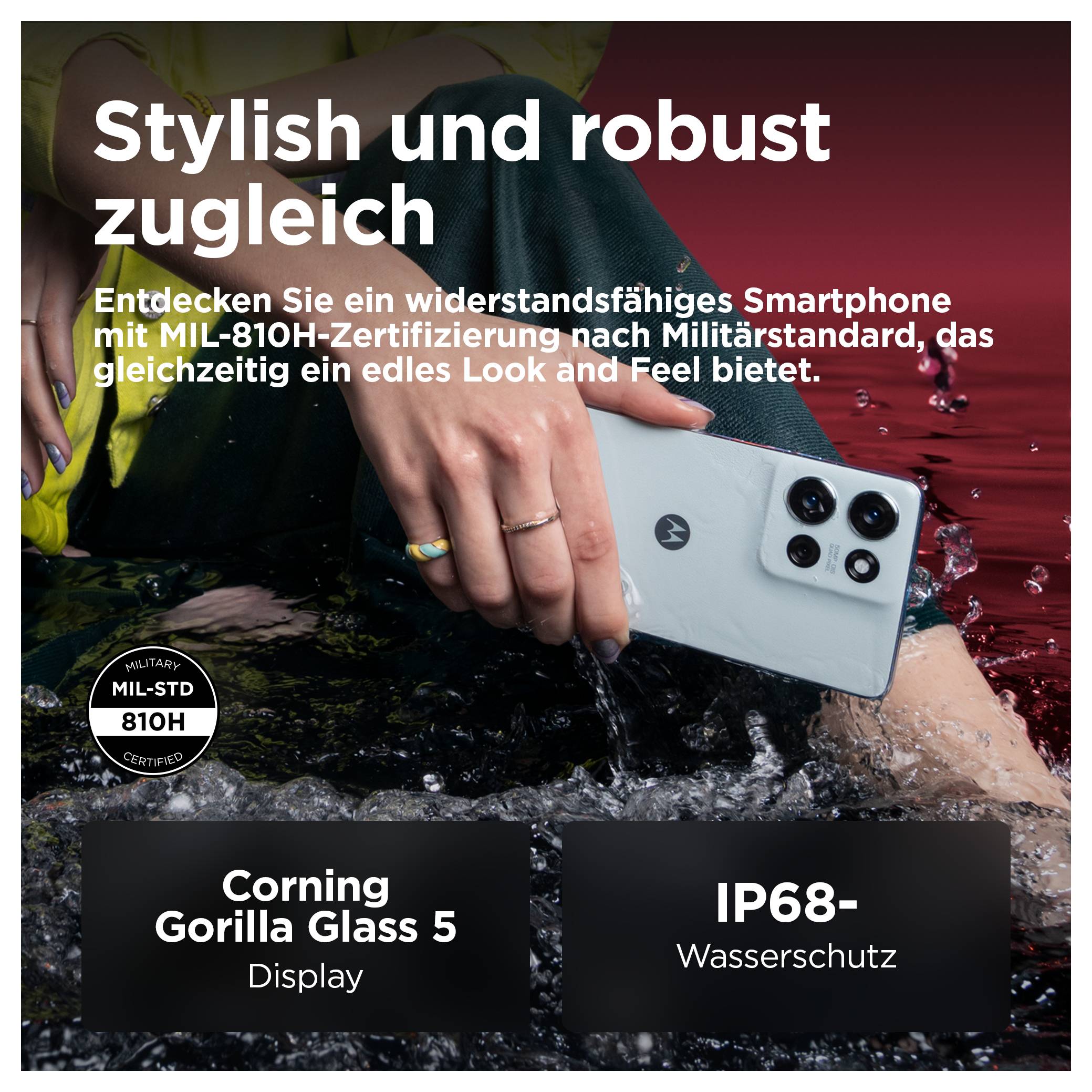 Stylish and robust smartphone with MIL-810H certification. Equipped with Corning Gorilla Glass 5 and IP68 water resistance.