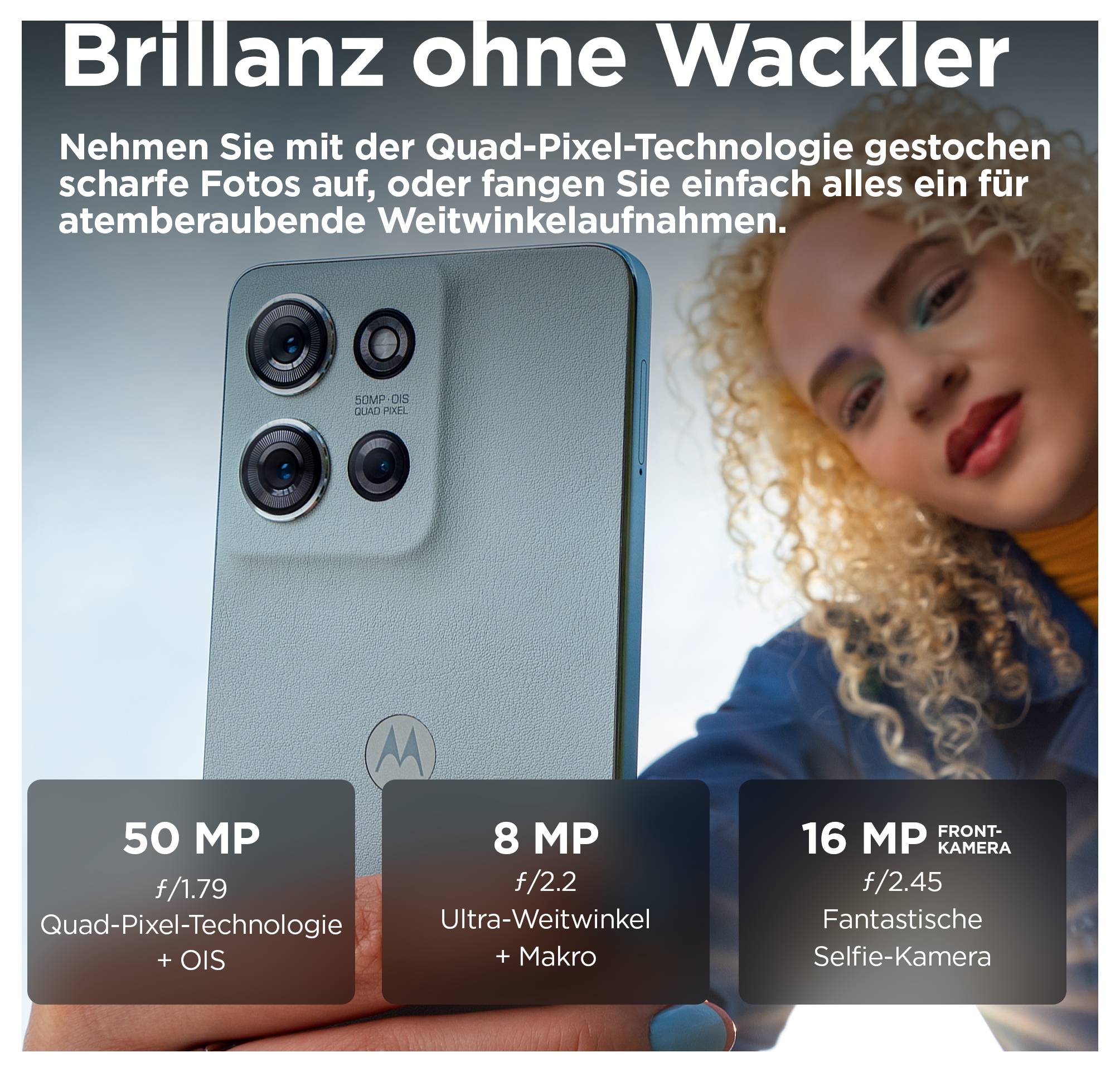A smartphone with three cameras and technical description, advertised for sharp photos and wide-angle experiences. A woman in the background.