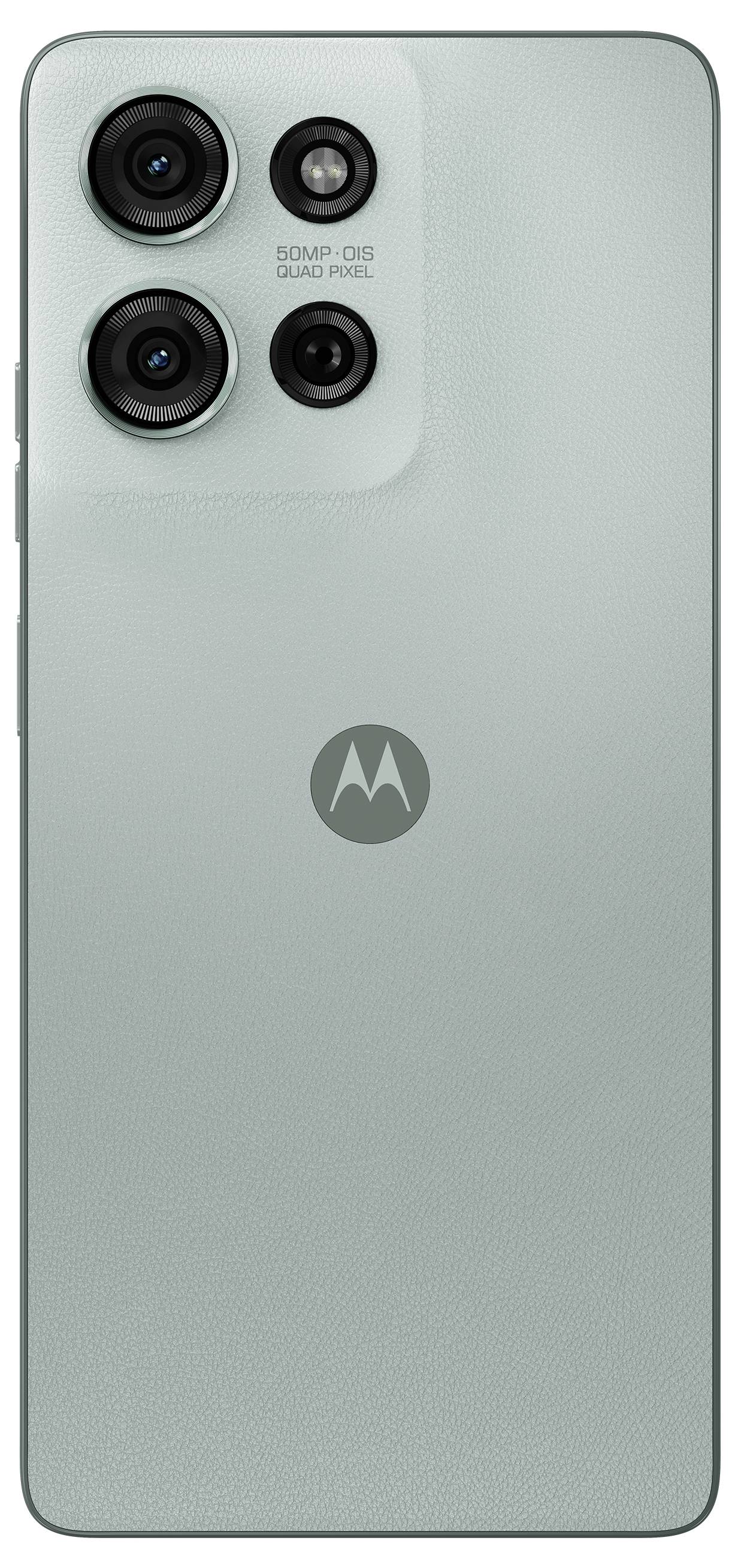 A smartphone with three rear cameras and "50MP OIS Quad Pixel" text. The back features a subtle logo resembling an "M". The color is light green.