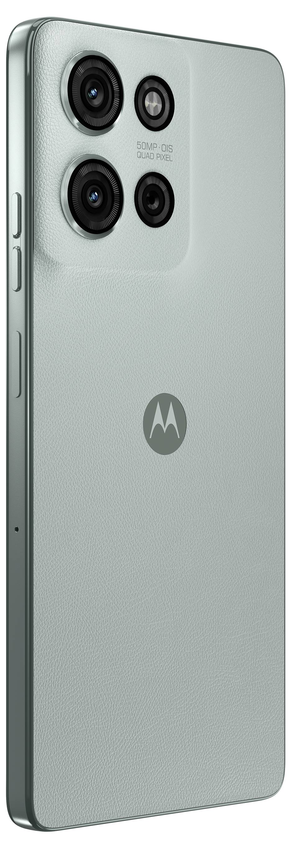 A smartphone with three rear cameras and a green textured back, showcasing a minimalist design with a logo at the center.