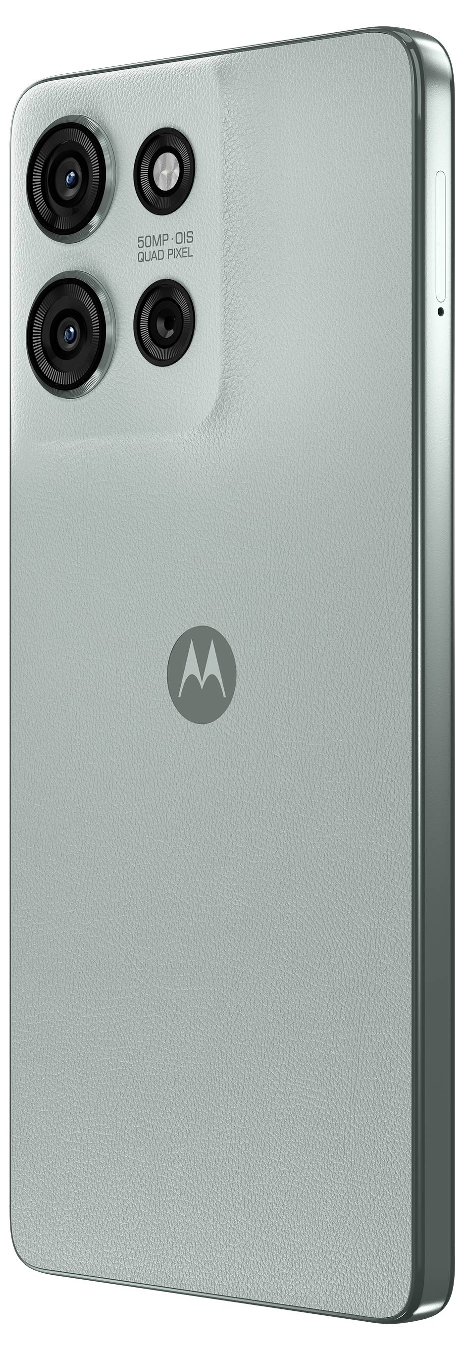 A silver smartphone with three rear cameras and a brand logo below them, shown at an angle highlighting its sleek design.