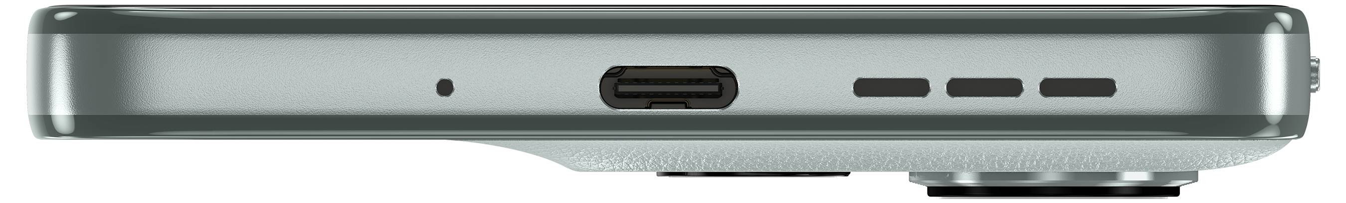 Side view of a modern smartphone showing a USB-C port, three speaker holes, and a microphone hole on a sleek, metallic edge.