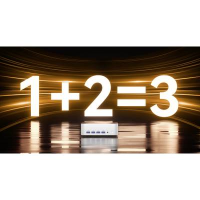 '1 + 2 = 3' glows above a computer device, surrounded by dynamic orange light.