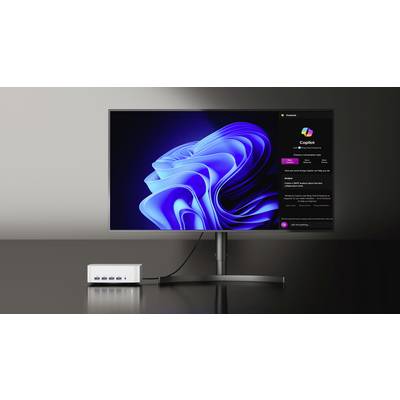 A monitor displays the Windows 11 operating system with a blue abstract graphic. Beside it sits a small white computer.