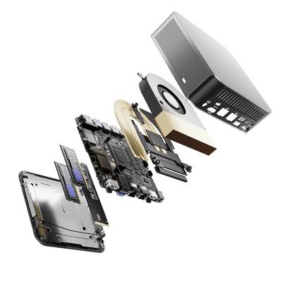 Exploded view diagram of a computer model with visible casing, fan, processor, memory, and components revealing the internal structure.