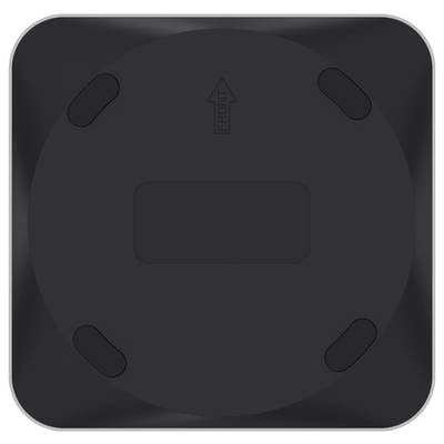 Black square surface with rounded corners and a central arrow pointing upwards.