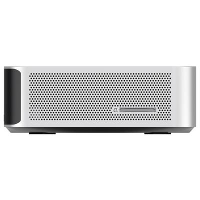 A silver computer with a perforated front panel. A horizontal slot at the front, likely for storage media.