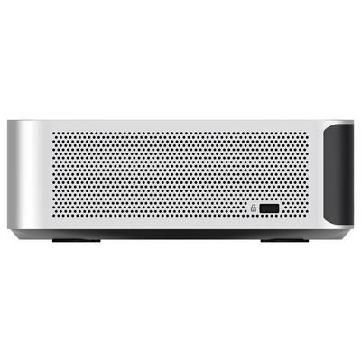 Silver-coloured computer mini-tower with ventilation grille on the left side and a power button on the front panel.