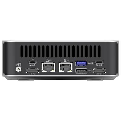 Back of a mini PC with ports: two HDMI, two Ethernet ports, two USB-C, one USB 3.0 and power input.