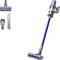 Cordless vacuum cleaner with lavender handle and various attachments. Suitable for versatile cleaning purposes around the home.