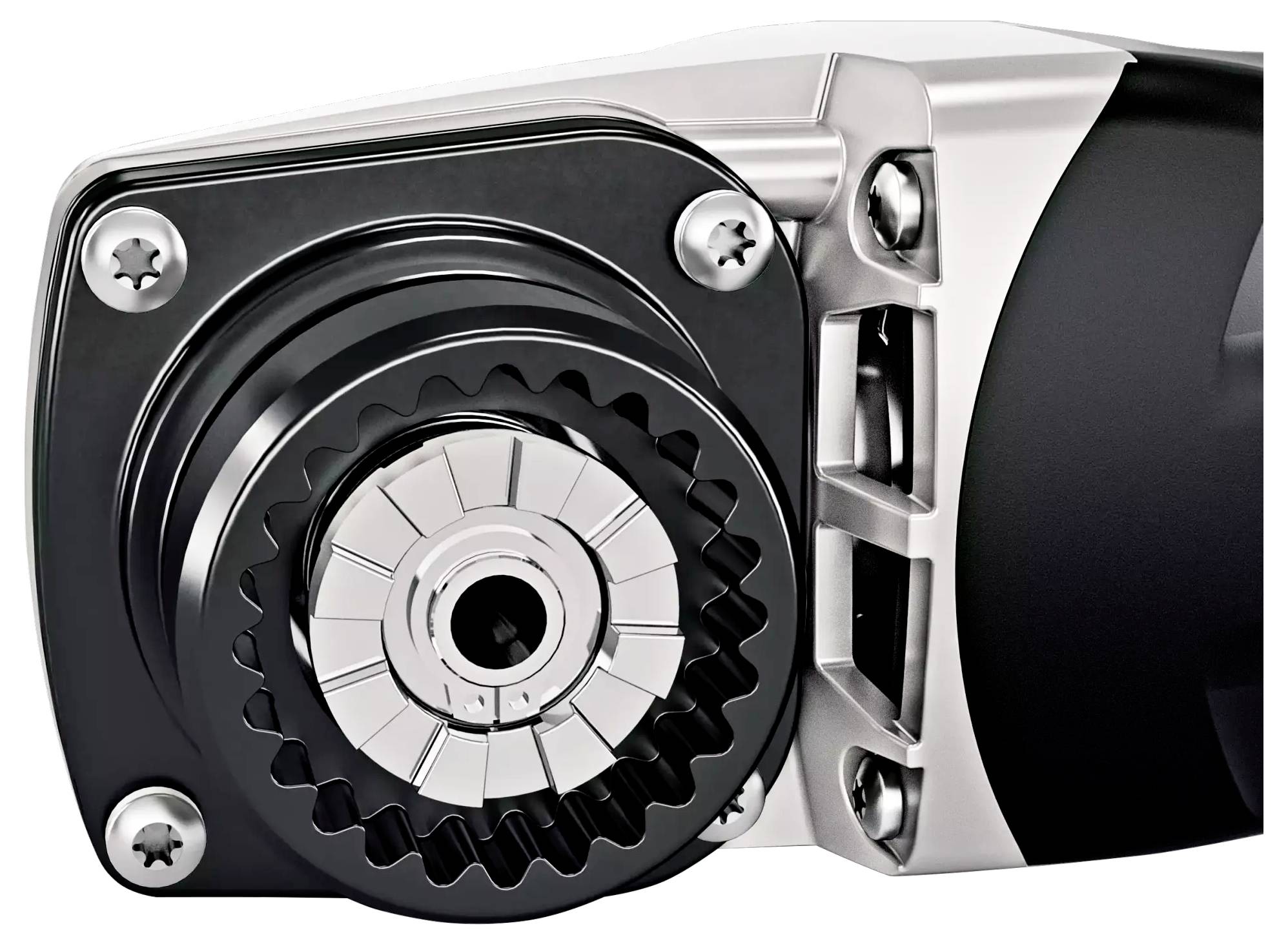 Close-up of a metal gearbox with a toothed gear mechanism, showcasing the precision and craftsmanship of the technical component.