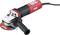 A red and black angle grinder with a D-handle, suitable for grinding and cutting work.