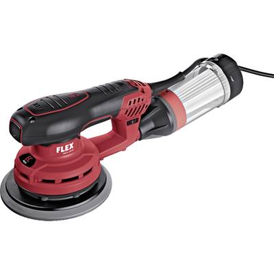 A red and black polishing machine with a dust container is shown from the side. It is suitable for surface treatment.