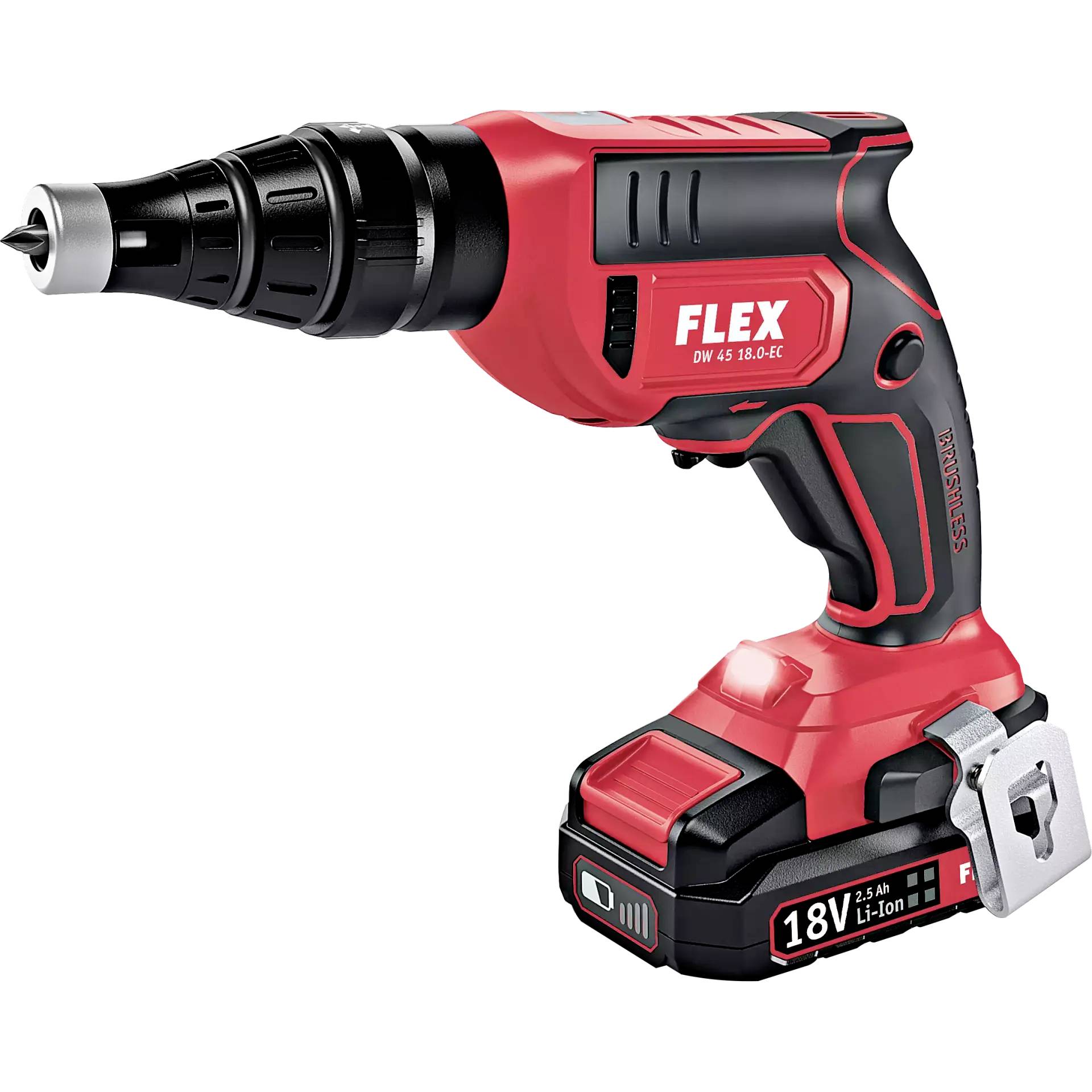A red, high-performance cordless drill with an ergonomic handle. The brand name 'Flex' and 18V specification are visible.