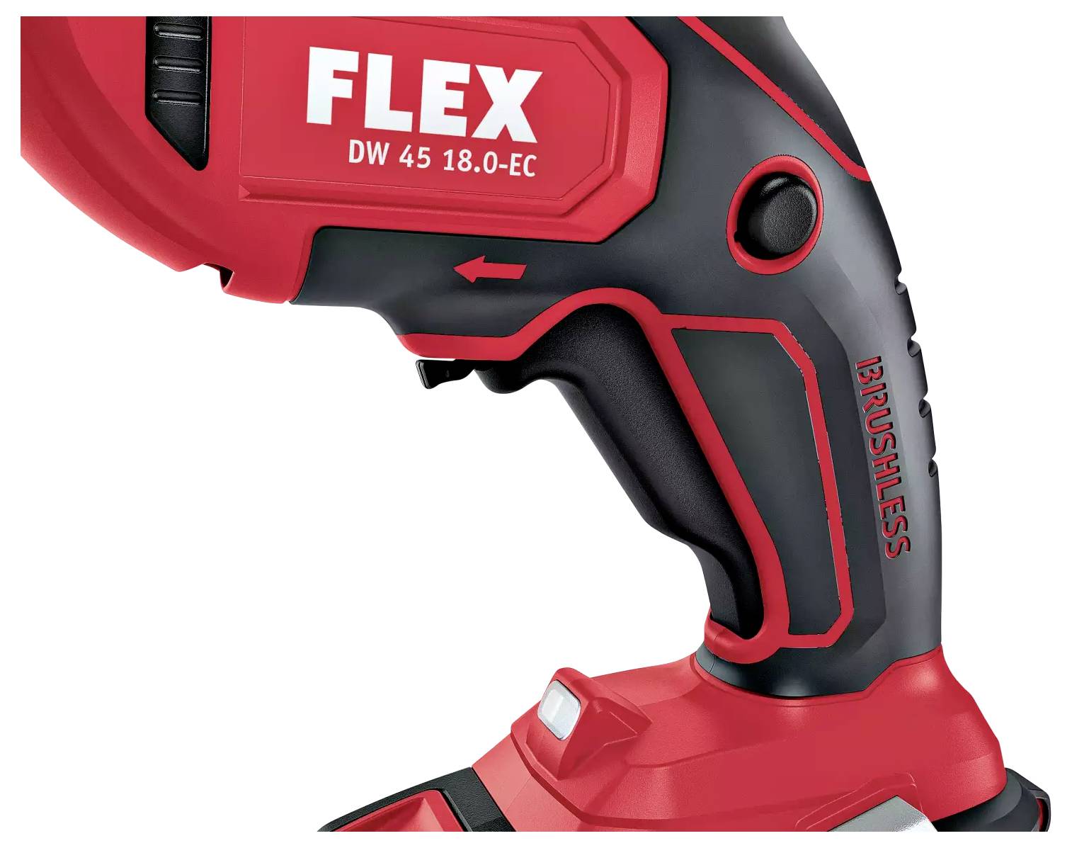Close-up of an electric power tool with a red and black handle, marked with 'FLEX DW 45 18.0-EC' and 'BRUSHLESS'.
