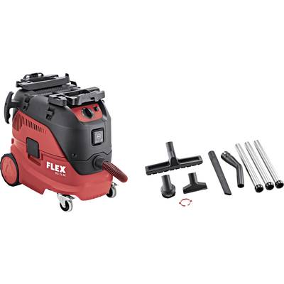 Industrial vacuum cleaner in red with accessories: various nozzles and extension tubes. The main unit has wheels and control elements.