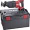 'FLEX cordless saw with transport case. The saw is black and red and compact; ideal for mobile work. The case is robust and also black with red logo.'