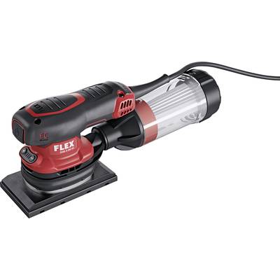 Orbital sander with ergonomic handle and dust collection container, suitable for woodworking and metalworking.