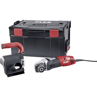 A red and silver angle grinder positioned in front of a black tool case with red accents.