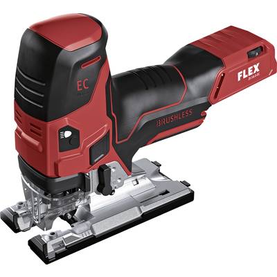 A red and black jigsaw with the 'FLEX' logo on the side. It has an ergonomic handle and a metal base.