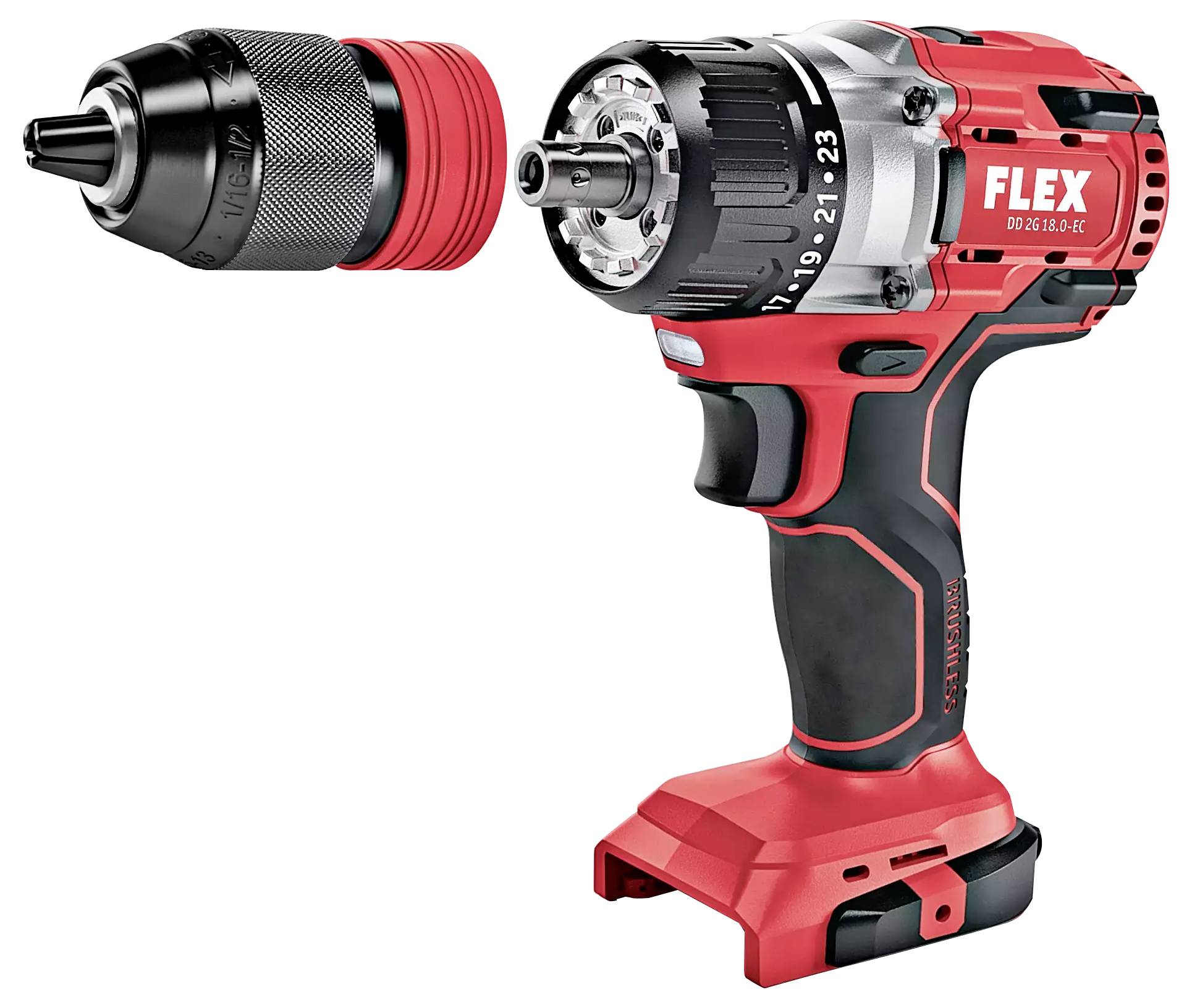 A red and black, battery-powered drill driver with a removable chuck that hovers to the left of the device.