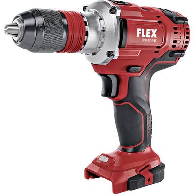 A red cordless drill by 'FLEX'. It has an ergonomic handle and a robust design, perfect for construction work.
