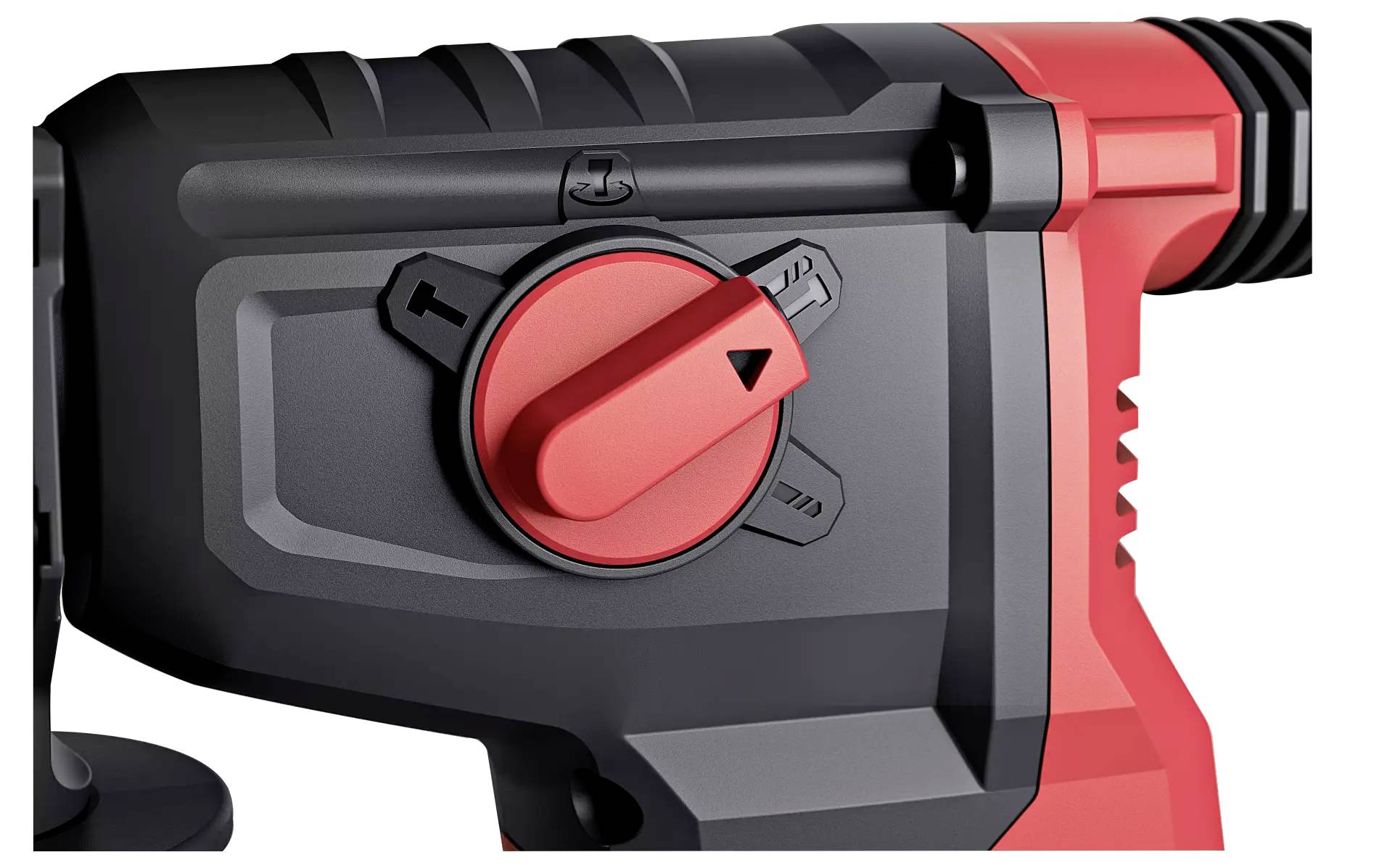 Close-up of a drill hammer with a red rotary switch set to the 'hammer drilling' function.