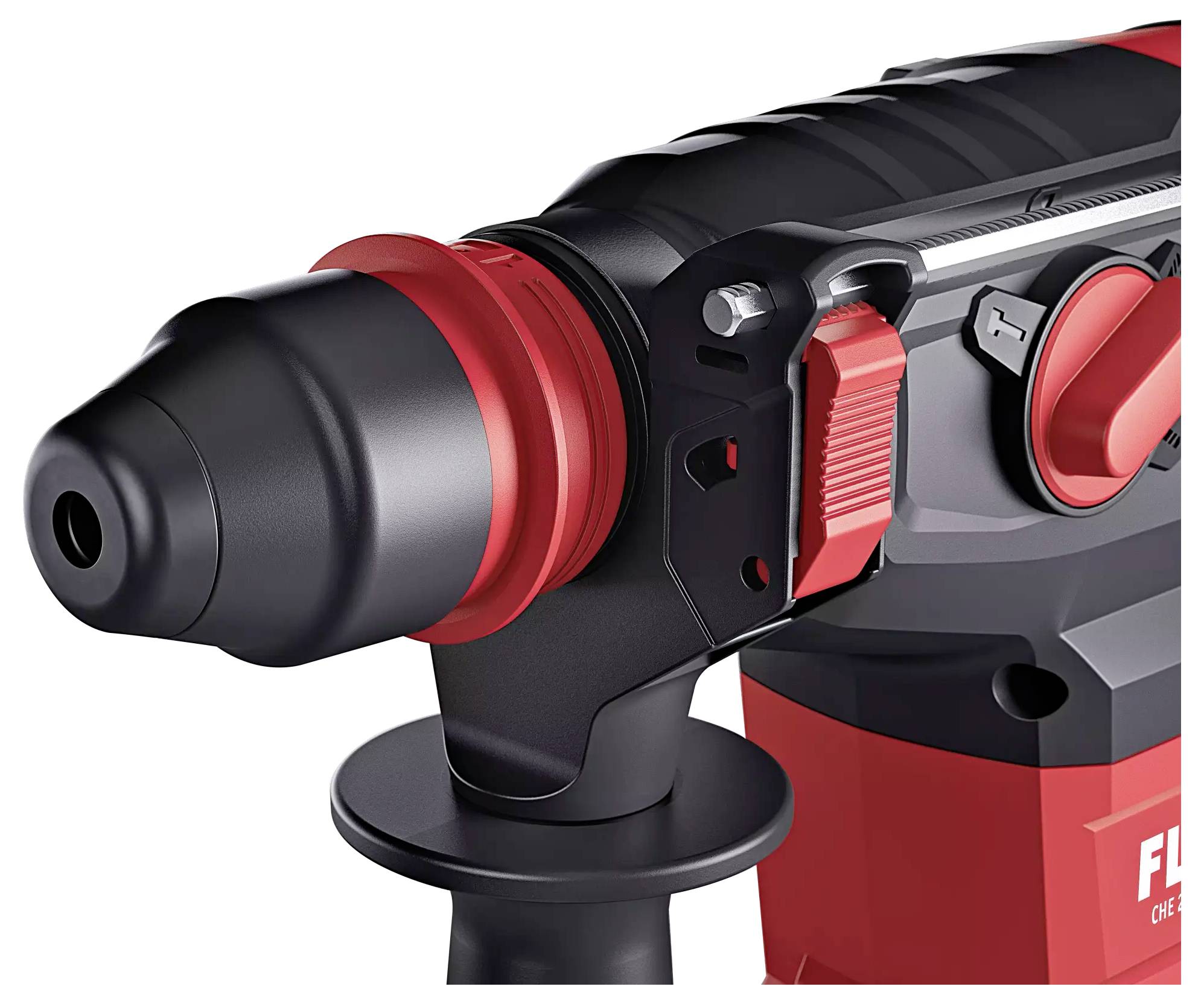 Drill in close-up with a red and black casing and an ergonomic handle, showcasing its construction and design features.