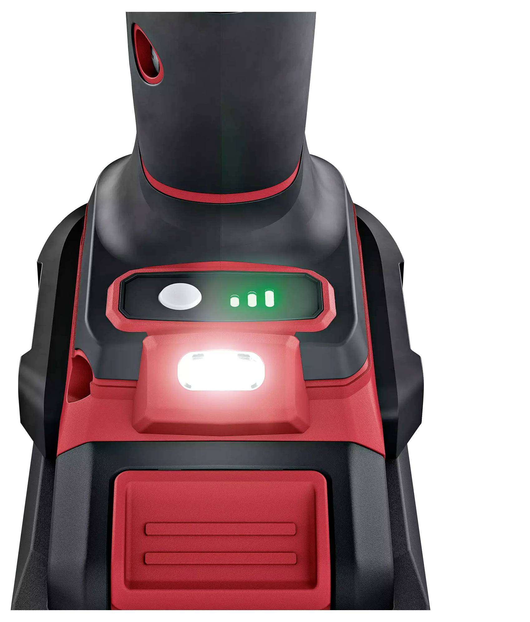 Cordless drill from the front, with illuminating LED light, battery charge indicator, and ergonomic handle.