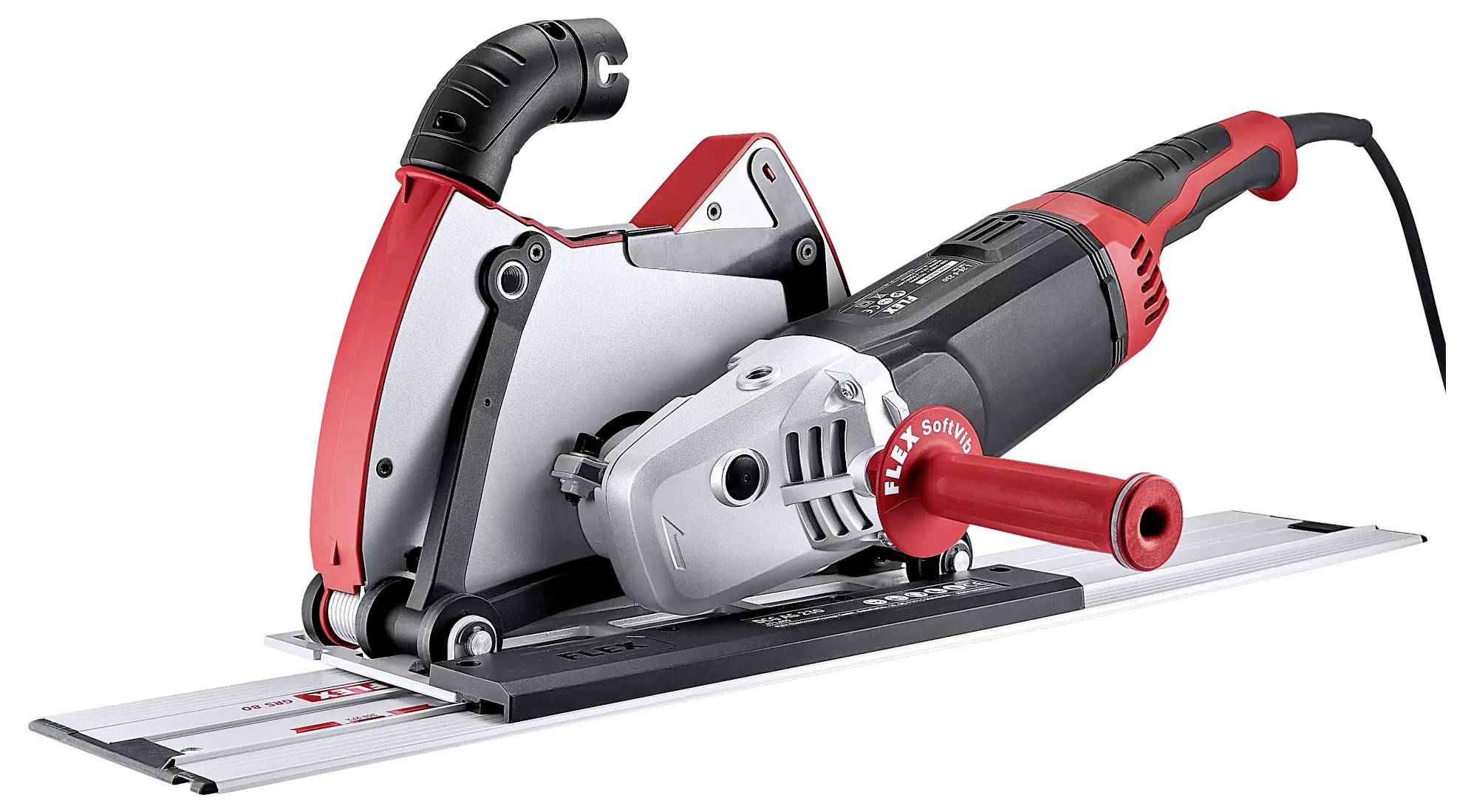 Circular saw with red and black handle on guide rail, suitable for precise cuts in wood or similar materials.